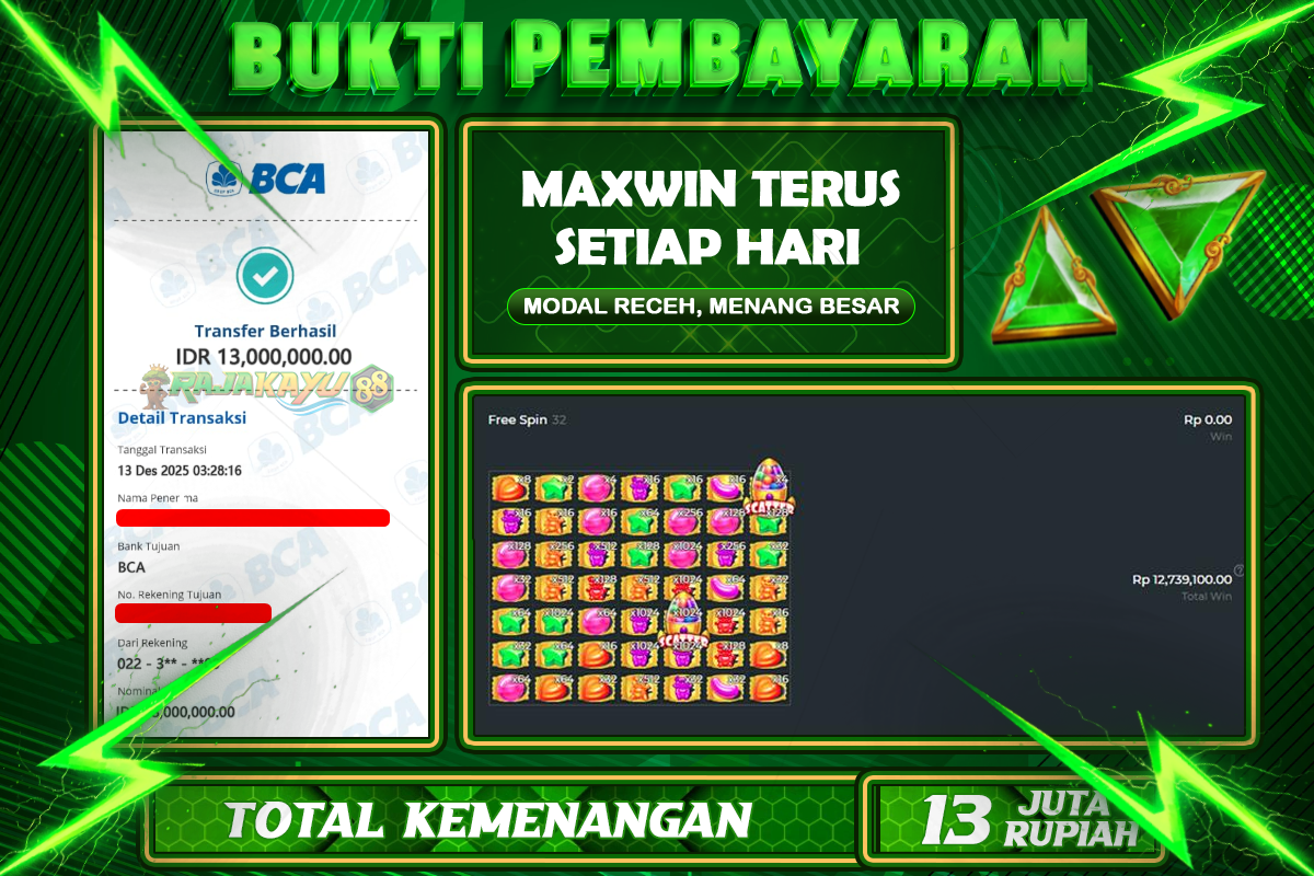 BUKTI RAJAKAYU 88 SUGAR RUSH 1000 Rp13.000.000,- LUNASS-POL-