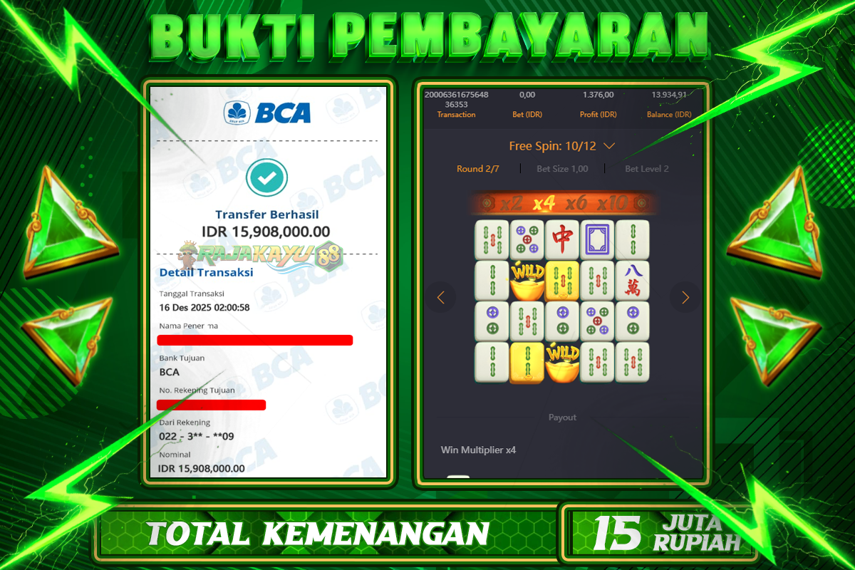 BUKTI RAJAKAYU 88 MAHJONG WAYS 1 Rp15.908.000,- LUNASS-POL-